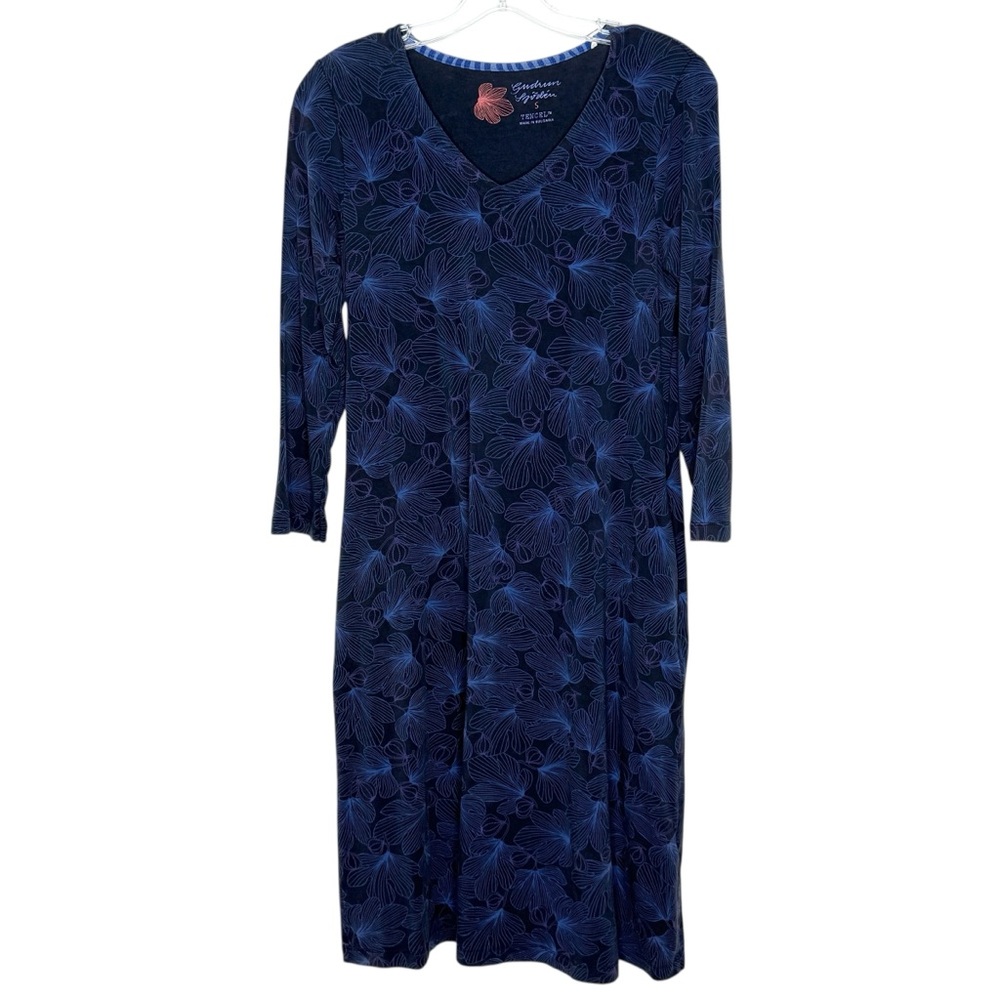 Gudrun Sjoden Blue Fig Print‎ Long Sleeve V-Neck Dress Small Lagenlook Coastal